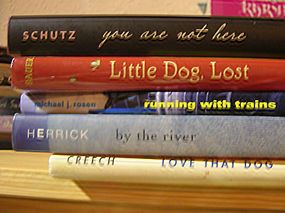 Spine Poem of Novels in Verse: You are not here/ little dog, lost/ running with trains/ by the river./ Love that dog.(by Sarah Tregay)